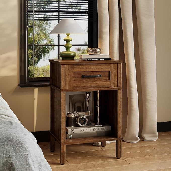 Farmhouse Nightstand with Drawer, Small Wood Bedside Table, Rustic Side Table, Modern End Table with Drawer, Retro Wooden Red Brown Night Stand for Bedroom