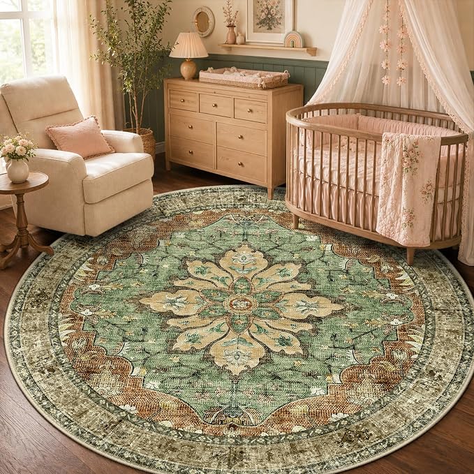 RELEANY Washable Area Rug, Round 5ft, Brick/Brown/Green | Non-Slip, Water Repellent, Pet Friendly, Easy to Clean, Vintage Floral Boho Decor for Living Room Bedroom Dining Room