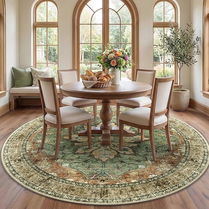 RELEANY Washable Area Rug, Round 7ft, Brick/Brown/Green | Non-Slip, Water Repellent, Pet Friendly, Easy to Clean, Vintage Floral Boho Decor for Living Room Bedroom Dining Room