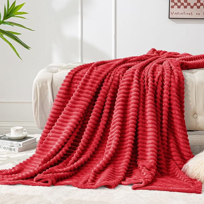 BEDELITE 3D Ribbed Jacquard Red Fleece Twin Blanket for Couch, 60x80 Inch | Soft Warm Fluffy Throw Blanket for Bed Sofa College Dorm Room Decor, Luxury Cozy Plush Gifts for Women Girls, Lightweight