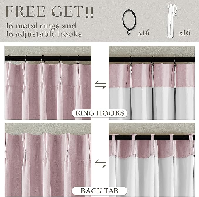 Light Pink Pinch Pleated Linen Blackout Curtains 90 Inches Long for Bedroom | 100% Black Out Thermal Insulated, Pinch Pleat with Ring Hooks Back Tab, Room Darkening Drapes with Liner, for Girls Nursery