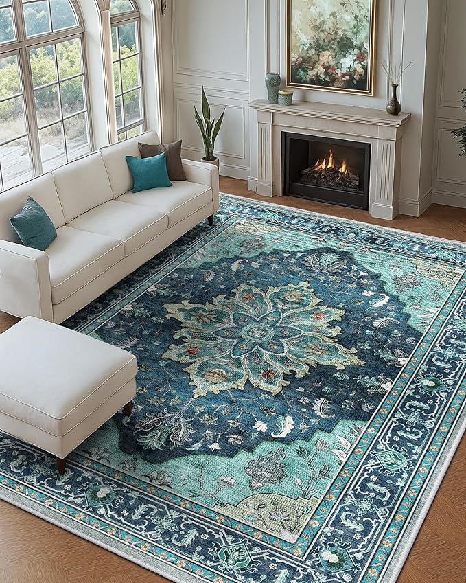 RELEANY Washable Area Rug, Large 9'x12', Teal | Non-Slip, Water Repellent, Pet Friendly, Easy to Clean, Vintage Floral Boho Decor for Living Room Bedroom Dining Room