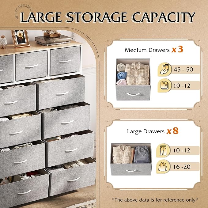 WLIVE Tall Dresser for Bedroom, 11 Drawer Chest of Drawers, Light Grey | 11 fabric storage drawers, Tall high-capacity design, Bedroom or dorm use, Sturdy steel frame, Smooth wood tabletop