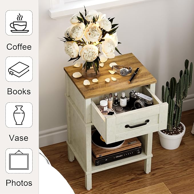 White Farmhouse Nightstands, Nightstand with Drawers, Small Bedside Table | Modern Bedroom Nightstand, Farmhouse End Table,White Wood Night Stand,Side Table Bedroom,End Table with Storage LET512WR
