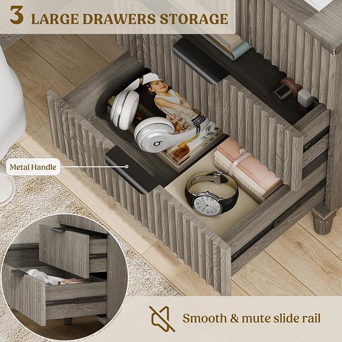 Wood Nightstands Set of 2 w/Charging Station, 3 Drawers Fluted Dresser | Dark Grey, Large Drawers, Metal Silent Rails, FSC Wooden, Sturdy Legs, Modern Fluted Panel, Living Room, Bedside Table