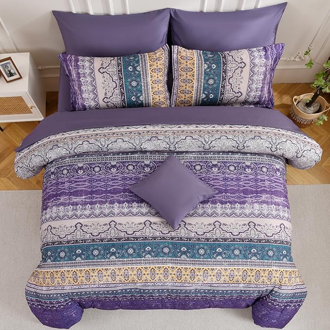 Cottolester Boho King Size Comforter Set 8 Pieces, Violet Bohemian Striped Bed in a Bag, Paisley Soft Microfiber Bedding Comforter Set