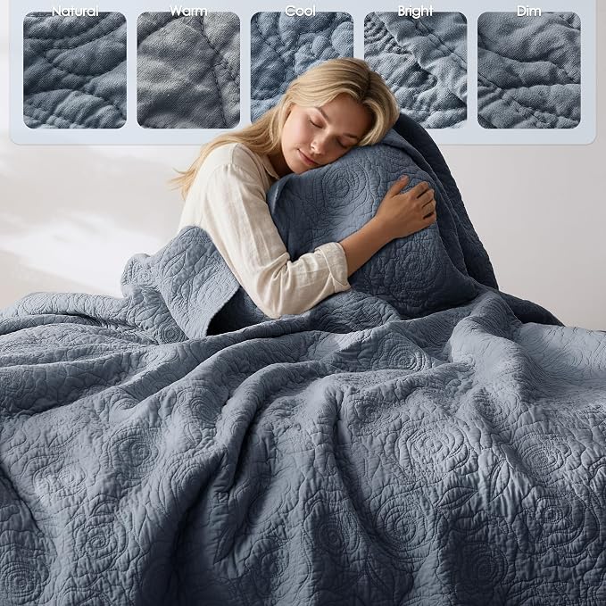 WDCOZY 100% Cotton King Size Quilt Bedding Sets Floral Rosette Dusty Blue | Pre-Washed Thin Farmhouse Bedspread, 106"x96" Comforter + 2 Shams 20"x36", Lightweight Coverlet, All-Season, Machine Washable
