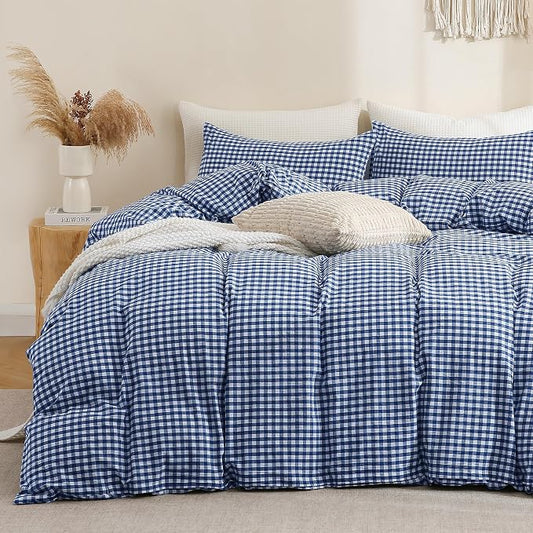 TOCOMOA Navy Blue Gingham Duvet Cover Set Washed Cotton Like Linen, King | 100% Washed Cotton Linen-Like Feel Soft, Breathable & Comfy. Lightweight Bedding Set with Zipper & 8 Ties. 3 Pcs, No Insert