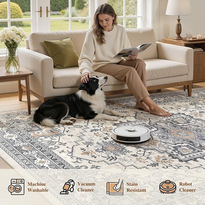 UERMEI 9x12 Area Rug Living Room Rugs - Washable Vintage Soft Large Rug Indoor Floor No Slip Rug Carpet for Bedroom Farmhouse Under Dining Table Home Office Decor - Grey-Orange