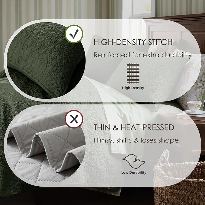 WDCOZY King 100% Cotton Paisley Quilt Bedding Set Olive Green Comforter | Pre-Washed Thin Farmhouse Bedspread, 106"x96" Coverlet + 2 Shams 20"x36", Soft Lightweight, All-Season, Textured Like Linen
