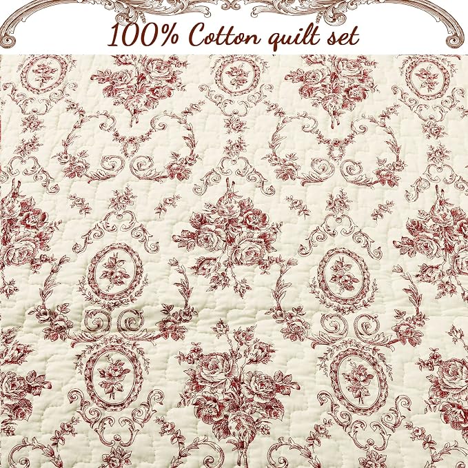 Cozy Line Home Fashions French Medallion Beige Burgundy Red Rose Flower Pattern Printed 100% Cotton Bedding Quilt Set Reversible Coverlet (Burgundy Red, Queen - 3 piece)
