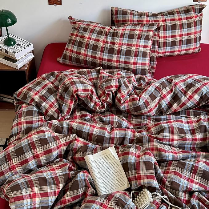 Vintage Buffalo Plaid Comforter Set King Size, 3 Pieces Red Brown Checkered Grid Comforter with 2 Pillowcases, Soft Fluffy Breathable Plaid Printed Gingham Bedding Comforter Set for All Seasons