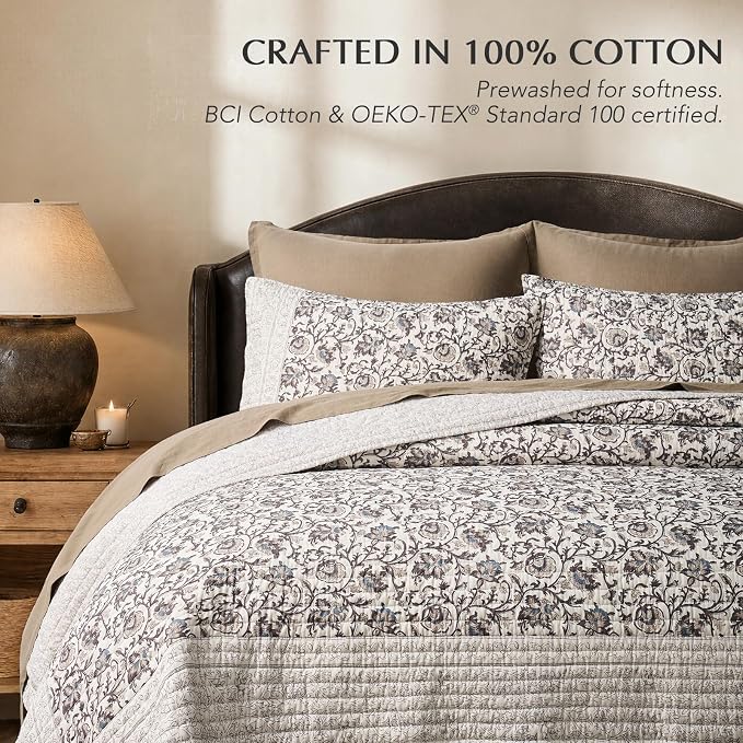 EverGrace 100% Cotton Floral Quilt Set, King Size, Farmhouse Taupe 110"×92" | Reversible Lightweight Bedspread Coverlet, Vintage Floral Farmhouse Bedding, Traditional Botanical Quilt with 2 Pillow Shams