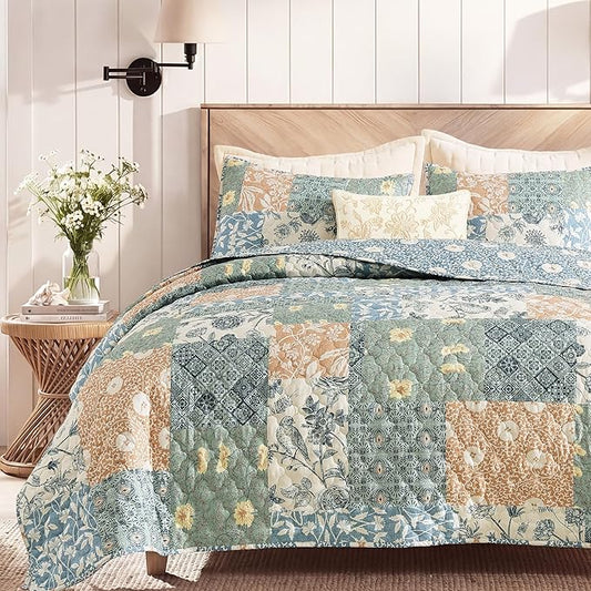 King Quilt Set-3 Pieces Soft Bedding Lightweight Floral Patchwork Coverlet | All Seasons Quilts Queen Size for Bed, 1 Quilt (106" x 94") and 2 Shams (20" x 36"), Vintage Bedspread, Green