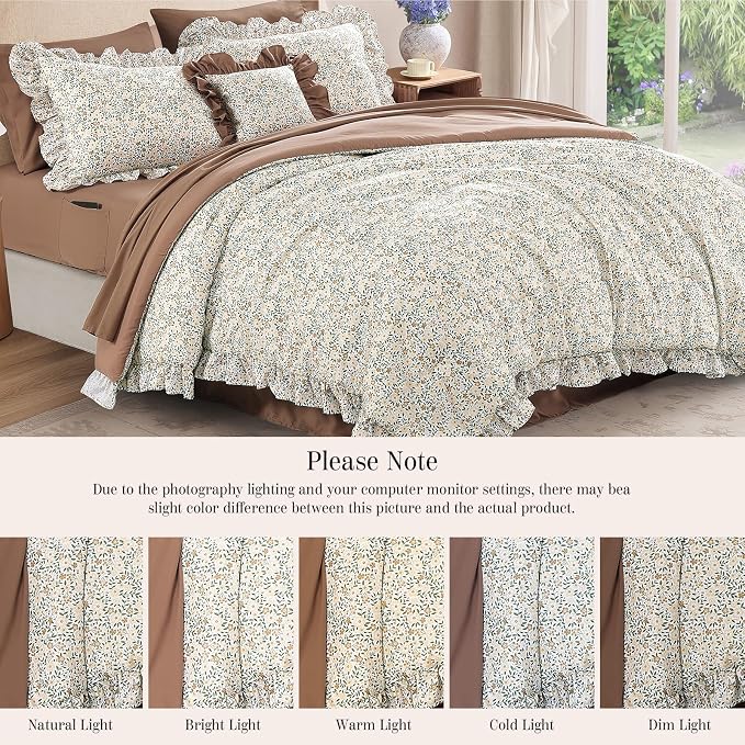 King Size Comforter Set-7 Pieces Floral Ruffle Bedding Set | Beige Ditzy Bed in a Bag, Soft Lightweight All Season Farmhouse King Size Bedding Sets with Sheets, Pillowcases & Shams