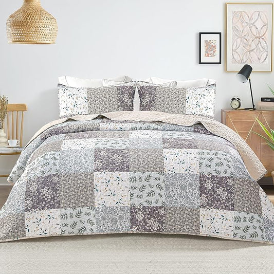 Whale Flotilla Patchwork Quilts Twin Size, Extra Soft Floral Bedspreads | Grey Reversible Lightweight Twin Quilt Bedding Set for Bed, Printed Coverlets with 1 Pillow Sham for All Seasons