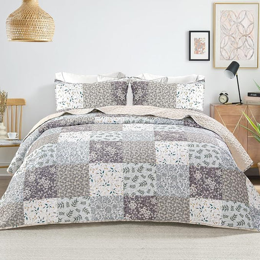 Whale Flotilla California King Size Quilt Set, Extra Soft Floral Bedspreads | Grey Reversible Lightweight Oversized King Quilt Bedding Set for Bed, Printed Coverlets with 2 Pillow Shams for All Seasons