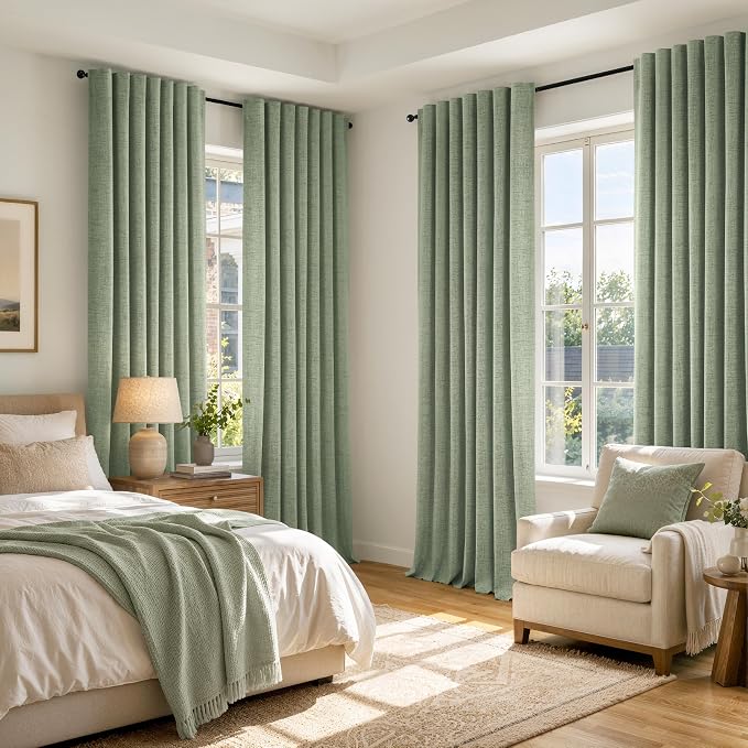 MIULEE 100% Blackout Linen Curtains 42 x 63 Inch Sage Green 2 Panels | Thermal Insulated, Room Darkening Drapes for Bedroom Living Room, Back Tab Rod Pocket Pinch Pleated, Solid Luxury Decor