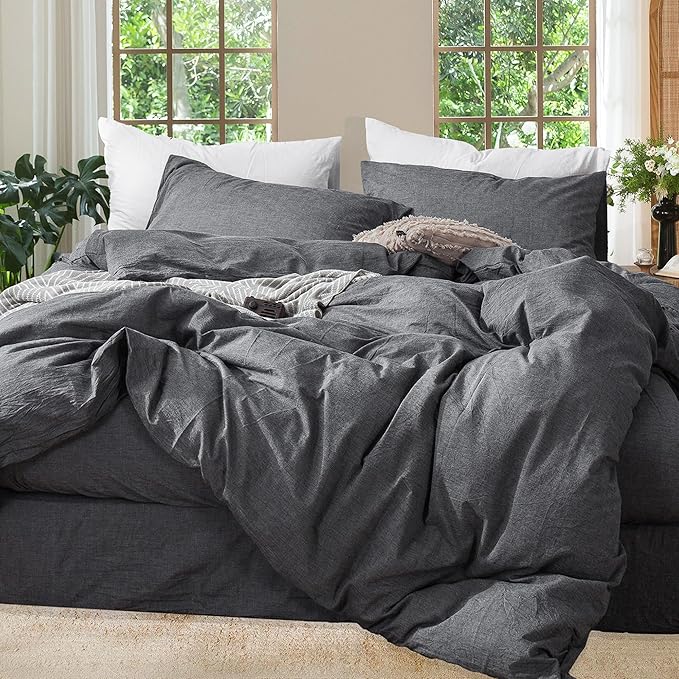 MooMee Duvet Cover Set 100% Washed Cotton Linen Like Super Queen | Relaxed Linen-like Texture. Soft, Breathable & Long-lasting Comfort. Lightweight. Hidden Zipper with 8 Interior Corner Ties