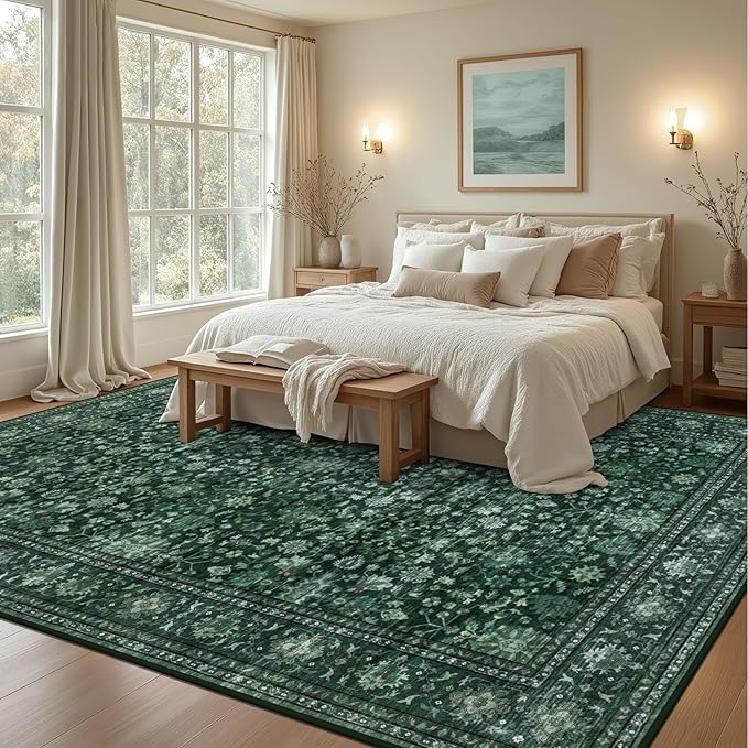 10x14 Area Rugs Living Room: Washable Rug for Bedroom Deep Green | Vintage No Slip Stain Resistant Rug Soft Indoor Decor Floor Floral Area Rugs for Dining Room, Nursery, Hallway, Home Office