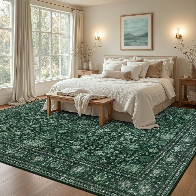 9x12 Area Rugs Living Room: Washable Rug for Bedroom Deep Green | Vintage No Slip Stain Resistant Rug Soft Indoor Decor Floor Floral Area Rugs for Dining Room, Nursery, Hallway, Home Office