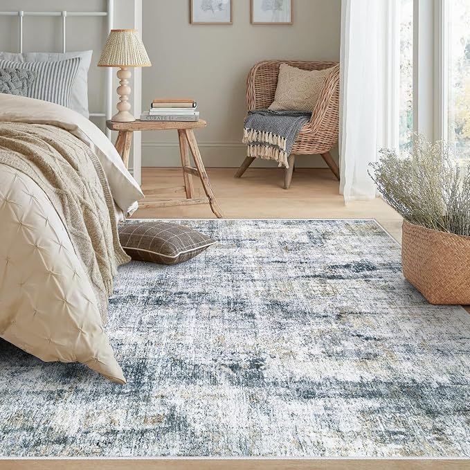 6x9 Area Rugs Washable Rug: Abstract Neutral Rugs Modern Non Slip Area Rug Stain Resistant Low Pile Indoor Carpet for Dining Room Bedroom Nursery Office (Multi Blue, 6'x9')
