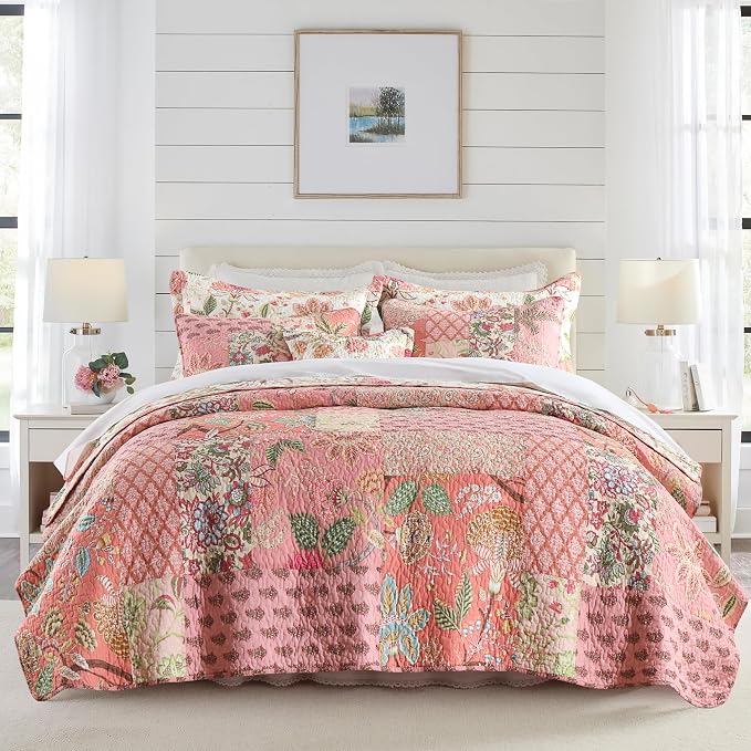 Cotton Patchwork Bedspread, 3-Piece Bedding Quilt Set with Real Stitched Embroidery, Reversible Matelasse Bed Coverlet Set,Bohemian Floral, King Size