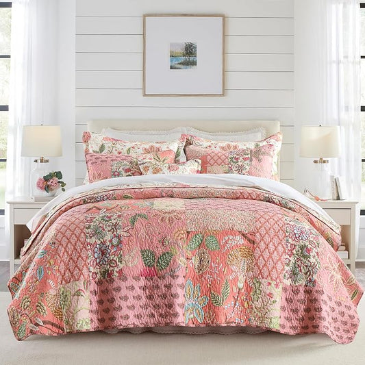 Cotton Patchwork Bedspread, 3-Piece Bedding Quilt Set with Real Stitched Embroidery, Reversible Matelasse Bed Coverlet Set,Bohemian Floral, King Size