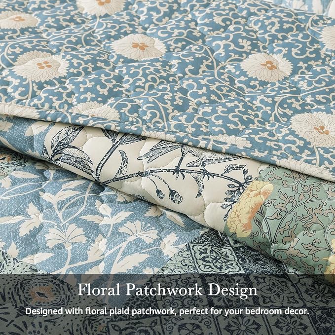 King Size Quilt Set-3 Pieces Soft King Bedspread Floral Patchwork Quilt | Lightweight Green Quilt, Reversible Vintage Floral Bedding Set, All Seasons Bed Coverlet with 2 Pillow Shams, 106"x94"