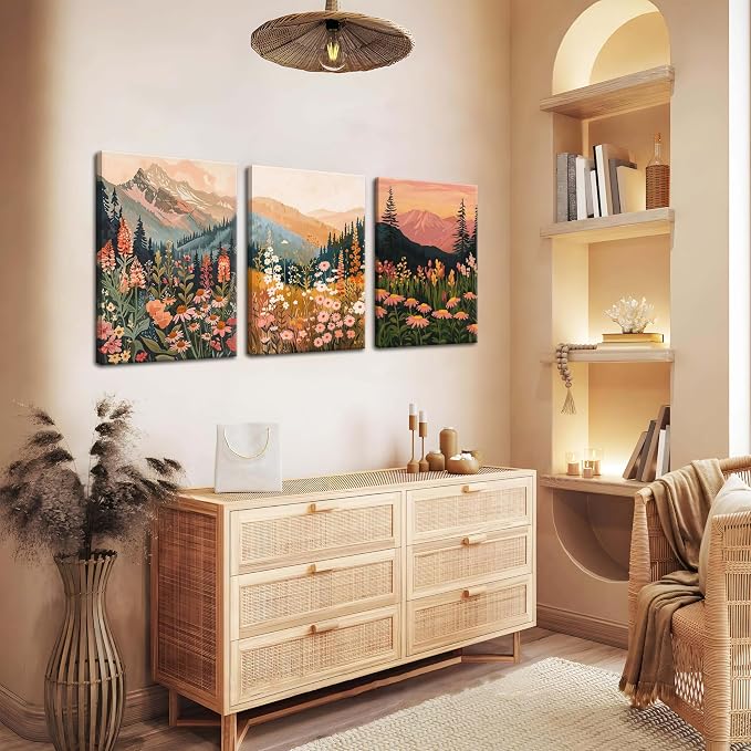 Framed Wildflower Mountain Landscape Wall Art Set of 3, Colorful Floral Wall Decor, Boho Sunset Landscape Canvas Artwork, Earth Tone Botanical Poster Prints for Living Room Bedroom 12x16 Inch