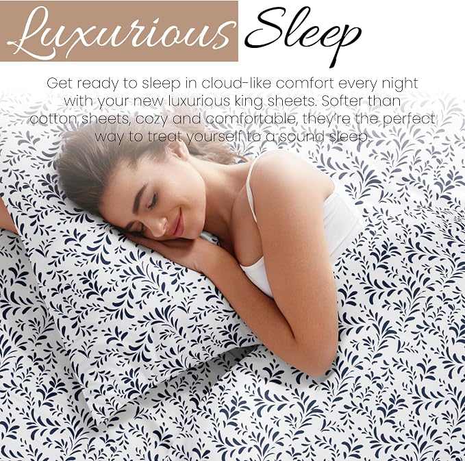 Linen Market 4 Piece King Sheet Set - Breathable, Double-Brushed Patterned Cooling Sheets – Oeko-TEX Certified Ultra Soft & Wrinkle-Free 16" Deep-Pocket King Sheets - Easy Care Burst of Vines Navy