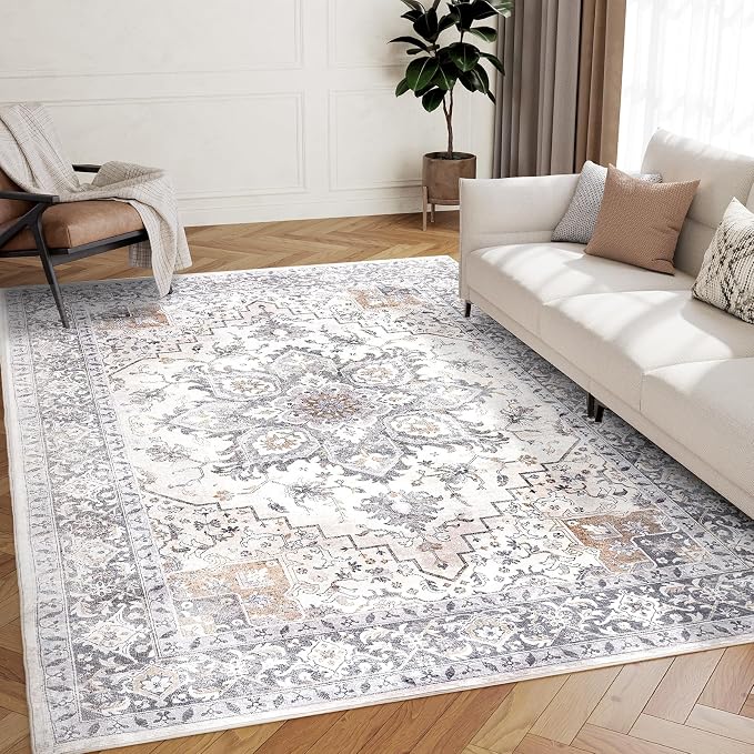 AMADA HOMEFURNISHING 5x7 Area Rugs, Washable Living Room Rug Low-Profile with Non-Slip Backing & Durable Edge Binding, Vintage 5x7 Rugs for Living Room, Bedroom, Dinning Room