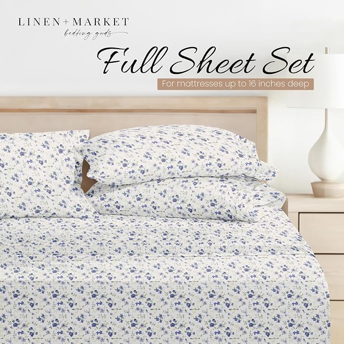 Linen Market Patterned Microfiber Full Sheet Set 4 Piece – Oeko-TEX Certified Ultra Soft & Wrinkle-Free - 16" Deep Pocket Sheets - Easy Care Full Size - Blossoms Light Blue