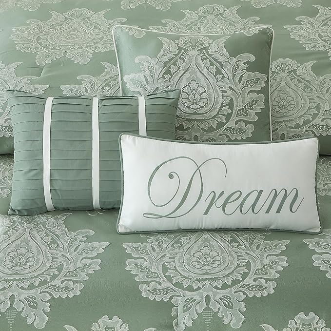 Sage California King Comforter Set 7 Pieces, Jacquard Woven with Damask, Bedding Set in a Bag Includes Comforter, Bed Skirt, Pillow Shams, and Decorative Pillows
