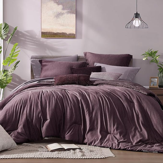 Monbix Super King Comforter Set 7 Pieces Italian Plum Bed in a Bag | Cationic Dyeing Reversible All Season Bedding Sets with Comforter, Sheets, Pillowcases & Shams