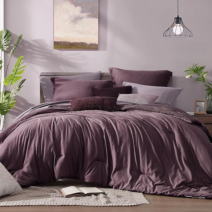 Monbix Oversized Queen Comforter Set 7 Pieces Italian Plum Bed in a Bag | Cationic Dyeing Reversible All Season Bedding Sets with Comforter, Sheets, Pillowcases & Shams