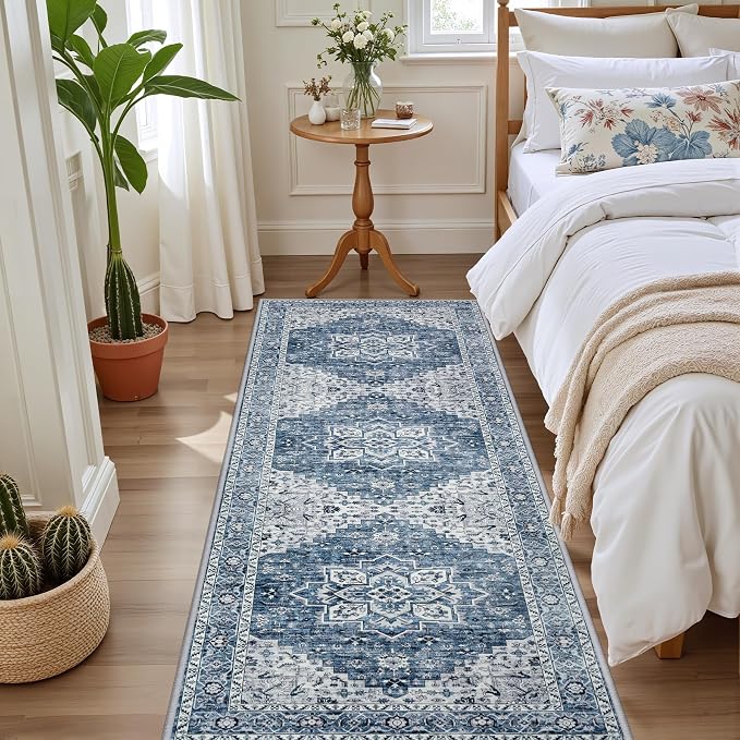 Hallway Runner Rug: 2.6x8 Kitchen Boho Rugs for Living Room Blue | Runner Rug Hallway Washable Rug No Slip Soft Bedroom Rug Indoor Floor Stain Resistant Carpets for Entryway, Laundry, Bathroom