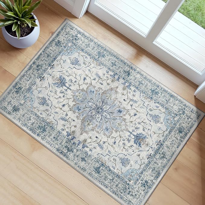 RELEANY Washable Area Rug, Small 2'x3', Blue/White/Gray | Non-Slip, Water Repellent, Pet Friendly, Easy to Clean, Vintage Floral Boho Decor for Kitchen Entryway Bathroom