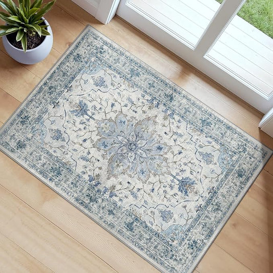 RELEANY Washable Area Rug, Small 2'x3', Blue/White/Gray | Non-Slip, Water Repellent, Pet Friendly, Easy to Clean, Vintage Floral Boho Decor for Kitchen Entryway Bathroom