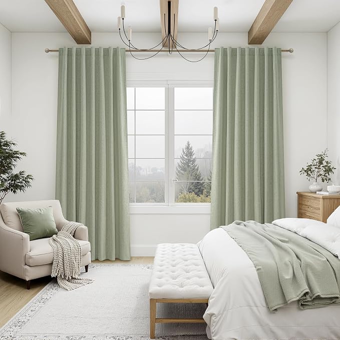 Sage Green Blackout Linen Curtains 105 Inches Long for Living Room Bedroom, Pleated Window Track Curtain with Pin Hooks Belt Boho Light Green Drapes Thermal Insulated (50"Wx105"Lx2Panels) Back Tab