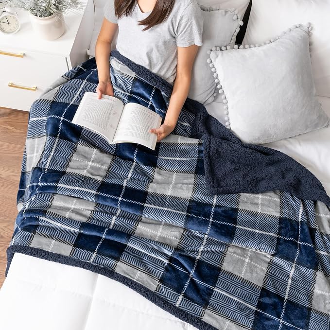 PAVILIA Twin Plaid Sherpa Throw Blanket for Couch Sofa Bed, Navy, 60x80 | GSM 460; Soft Plush Flannel Fleece; Warm&Cozy for Home; Machine Washable, Perfect Cabin Decor Winter Holiday Christmas Gift
