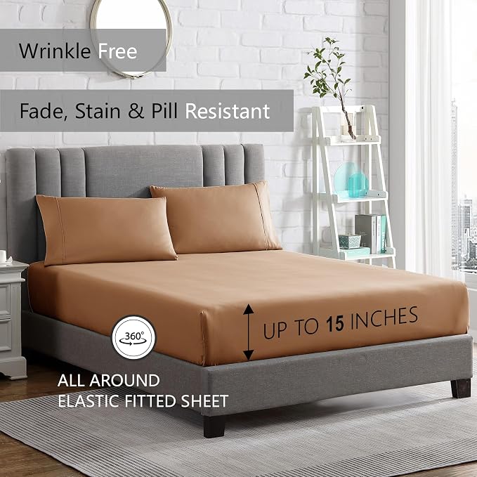 American Home Collection King Sheet Set - Ultra-Soft Microfiber 15-Inch Deep Pocket - Wrinkle Free and Fade Resistant (Tan)