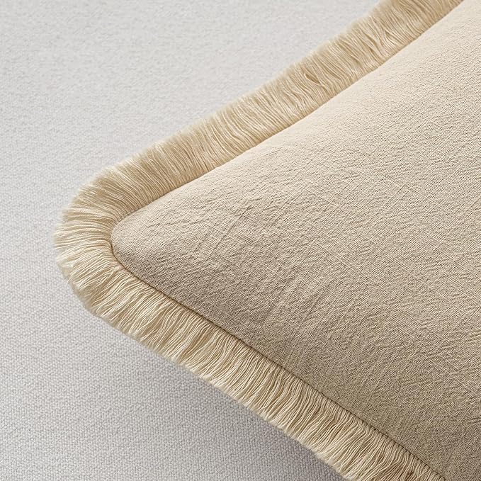MIULEE Boho Linen Fringe Decorative Throw Pillow Covers Beige 16x16 | Set of 2, Cottagecore Decor, Boho Farmhouse Neutral Pillow Covers, Rustic Couch Cushion Cases for Sofa Bed Living Room