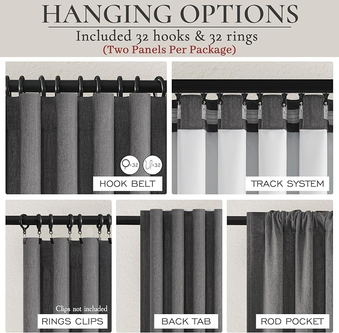 Dark Gray 100% Black Out Linen Curtains 90 Inches Long 2 Panels Set for Kids Boys Room, Country Farmhouse Pleated Ceiling Track Curtain Window Drapes Heavy Thermal for Nursery Charcoal Grey(50"Wx90"L)