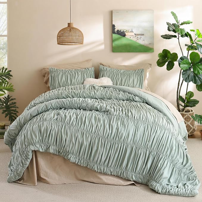 weigelia Sage Green Ruched Comforter Set Full Size, Cute Bedding Set | All Season, Soft Microfiber Comforter, Cozy Cinched Design for Home & Bedroom Decor (1 Comforter,2 Pillowcases)