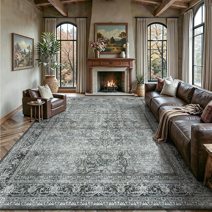 8x10 Area Rugs for Living Room - Washable Vintage Retro Large Rug, Soft Ultra Thin Non Slip Low Pile Traditional Distressed Boho Carpet for Bedroom Dining Room Home Office, Black Grey