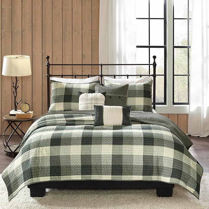 Madison Park Cabin Lifestyle Plaid Quilt Set, 6PC Full/Queen Coverlet | All Season, Luxurious Coverlet Bedspread Lightweight Bedding Layer, Shams, Decorative Pillow, Grey