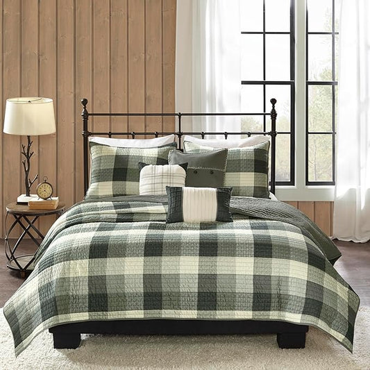 Madison Park Cabin Lifestyle Plaid Quilt Set, 6PC Full/Queen Coverlet | All Season, Luxurious Coverlet Bedspread Lightweight Bedding Layer, Shams, Decorative Pillow, Grey