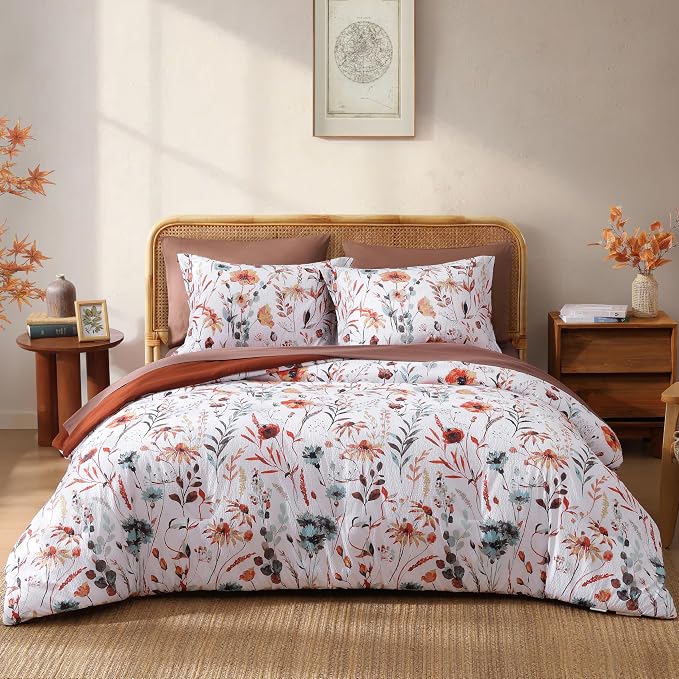 Full Size Comforter Sets - 7 Pieces Floral Bed in a Bag Full Bedding Set | Terracotta Botanical Texture Flowers Comforter Set with Sheets, Pillowcases & Shams for All Seasons