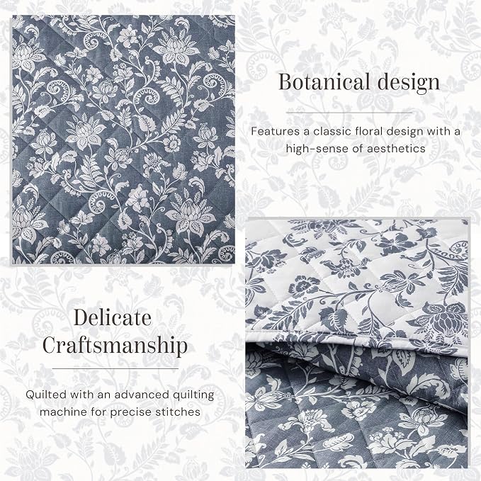 Twin/Twin XL Quilt Set-2 Pieces Soft Bedding Floral Reversible Coverlet | All Seasons Lightweight Quilts Queen Size for Bed, Breathable Vintage Bedspread with Sham, Oxford Blue